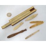 A quantity of assorted items to include a bone/ivory fruit knife, bobbin, bookmark etc.