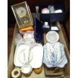 A box of miscellaneous to include a carriage clock, ceramic dressing table pots,