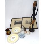 A quantity of assorted to include a small oriental dish, 2 ceramic models of cats, one seated,