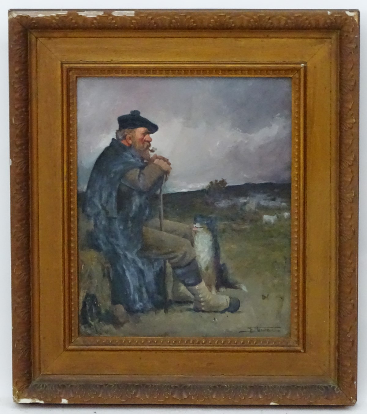 I Stewart, XIX, Oil on board, Highland shepherd / Ghillie with sheep and dog, Signed lower right. - Image 5 of 5