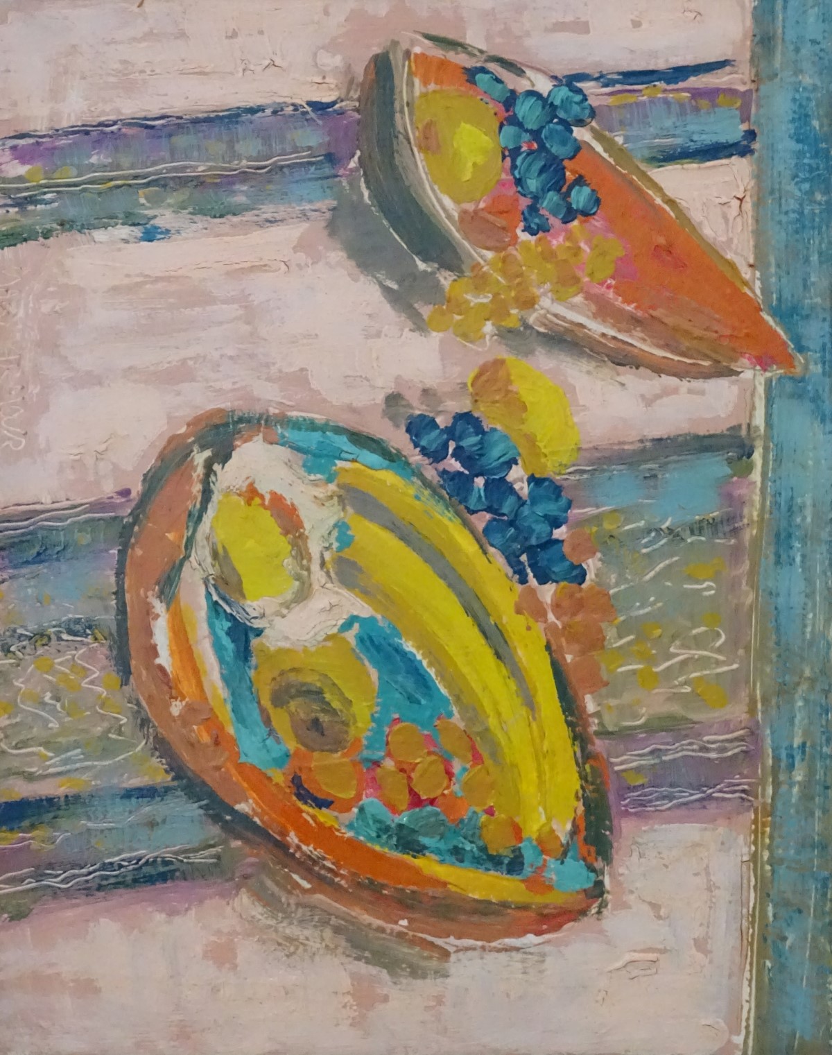 Mary Armour, XX, Abstract, Oil on board, Tropical fruit on a reclaimed wooden table, - Image 4 of 5