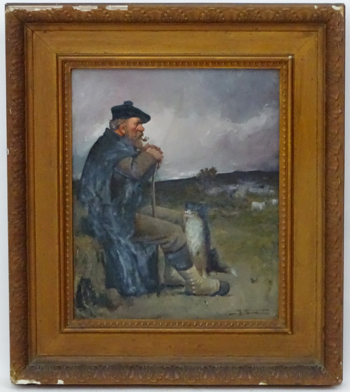 I Stewart, XIX, Oil on board, Highland shepherd / Ghillie with sheep and dog, Signed lower right.