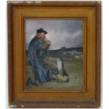I Stewart, XIX, Oil on board, Highland shepherd / Ghillie with sheep and dog, Signed lower right.
