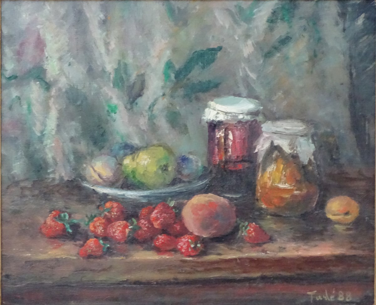 Tade Boronski, 1988, Oil on canvas, Still life, strawberries, potted jam etc. - Image 4 of 6