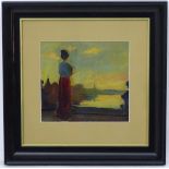 Impressionist School, Oil on board, 'Waiting', a female figure looks out over the harbour,