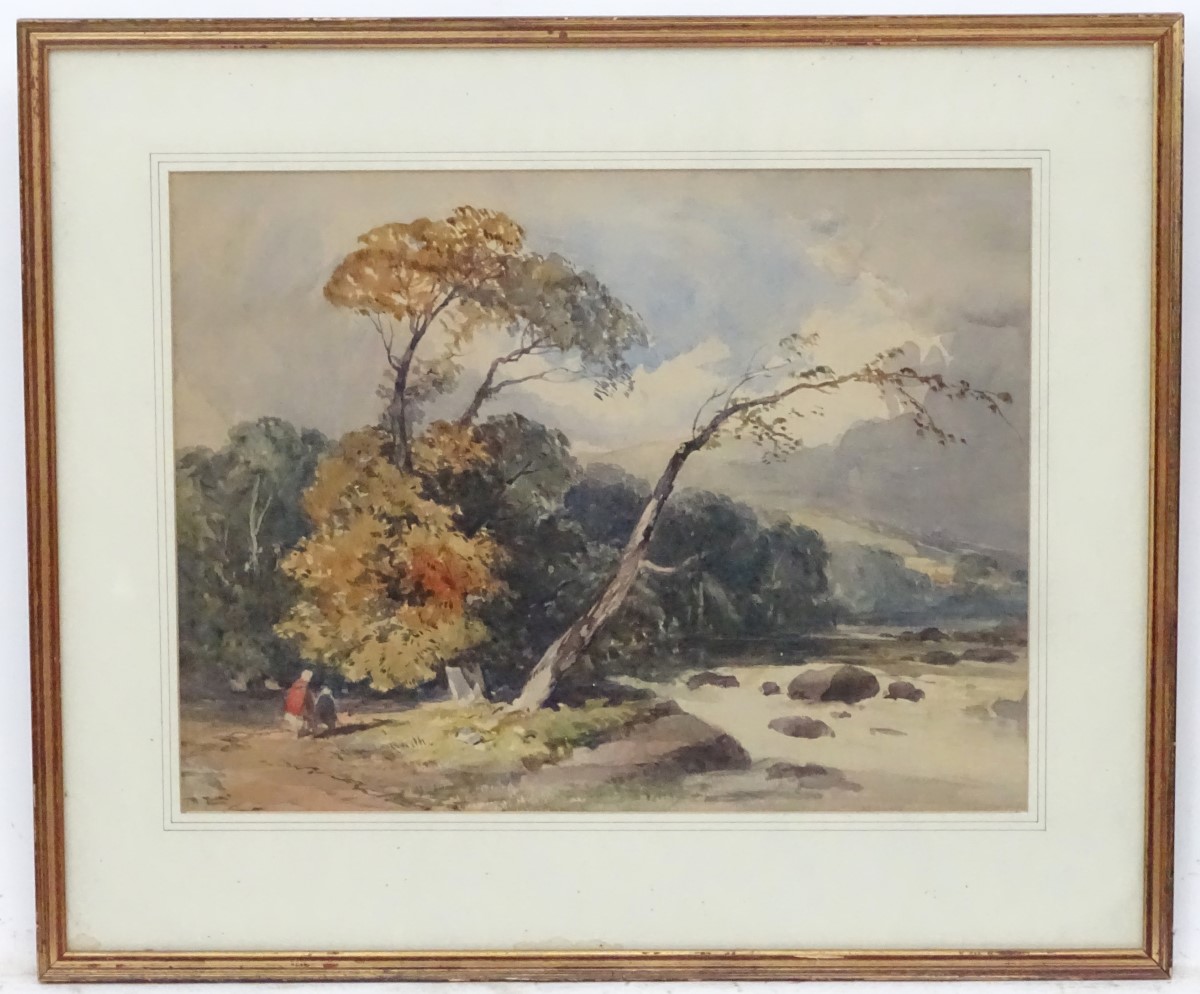 Attributed to John West, Watercolour, Mountain stream with boulders and figures,