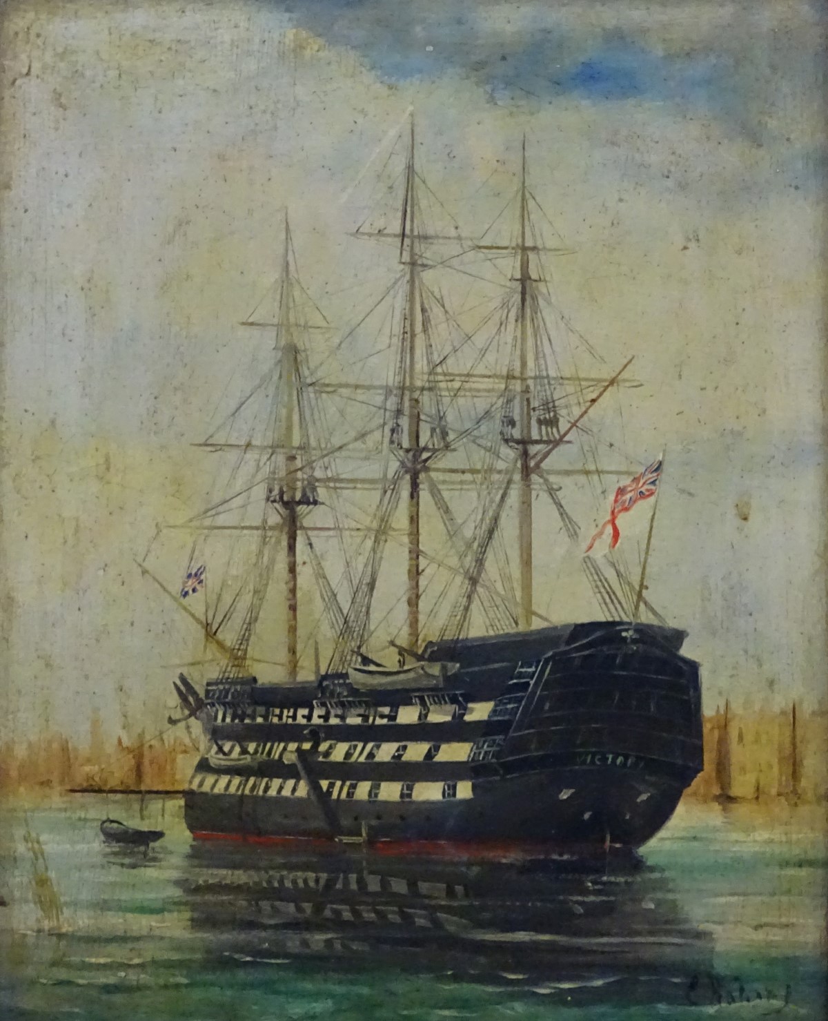 Indistinctly Signed c. 1900 Marine School, Oil on board, H.M.S. - Image 3 of 4