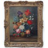 E Droe XX, Oil on canvas, Flower piece still life, Signed lower right. 19 1/2 x 15 1/2".
