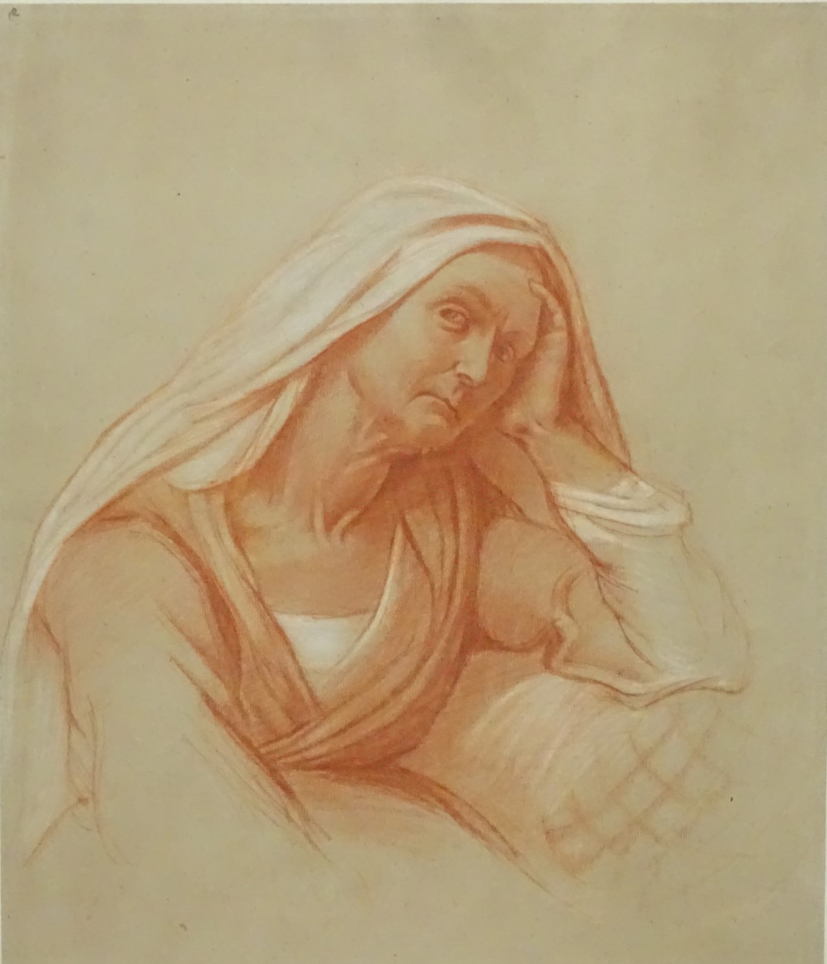 XVIII / XIX Old Master School, Conte Chalks on typical (lined) paper, Woman holding her head. - Image 4 of 4