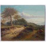 Alfred M Drinkwater (1862-1923), Oil on canvas, Herding sheep down a country lane,