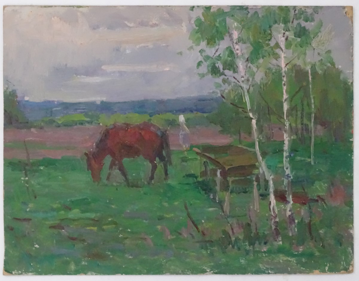 Leonid Nikolayevich Sheludko, late XX, Ukrainian, Oil on artist's board, 'In the Field', A rural, - Image 3 of 3