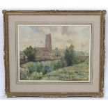 Early XX, English School, Watercolour, Figure in walled garden with church to background.