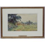 Parker Hagerty RCA (1859-1934), Watercolour, Country Vista figures near a hayrick,