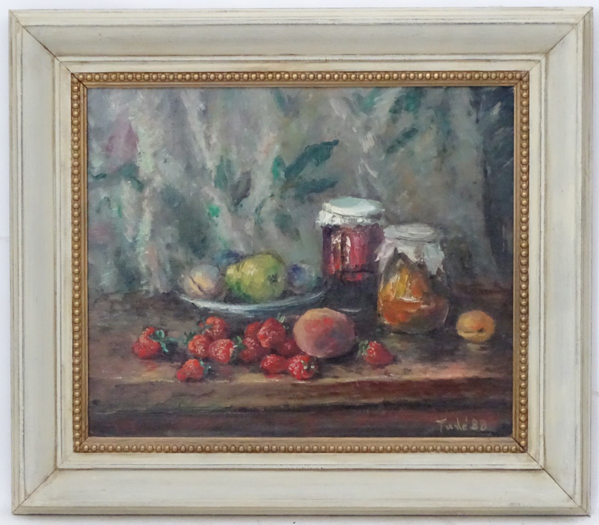 Tade Boronski, 1988, Oil on canvas, Still life, strawberries, potted jam etc.