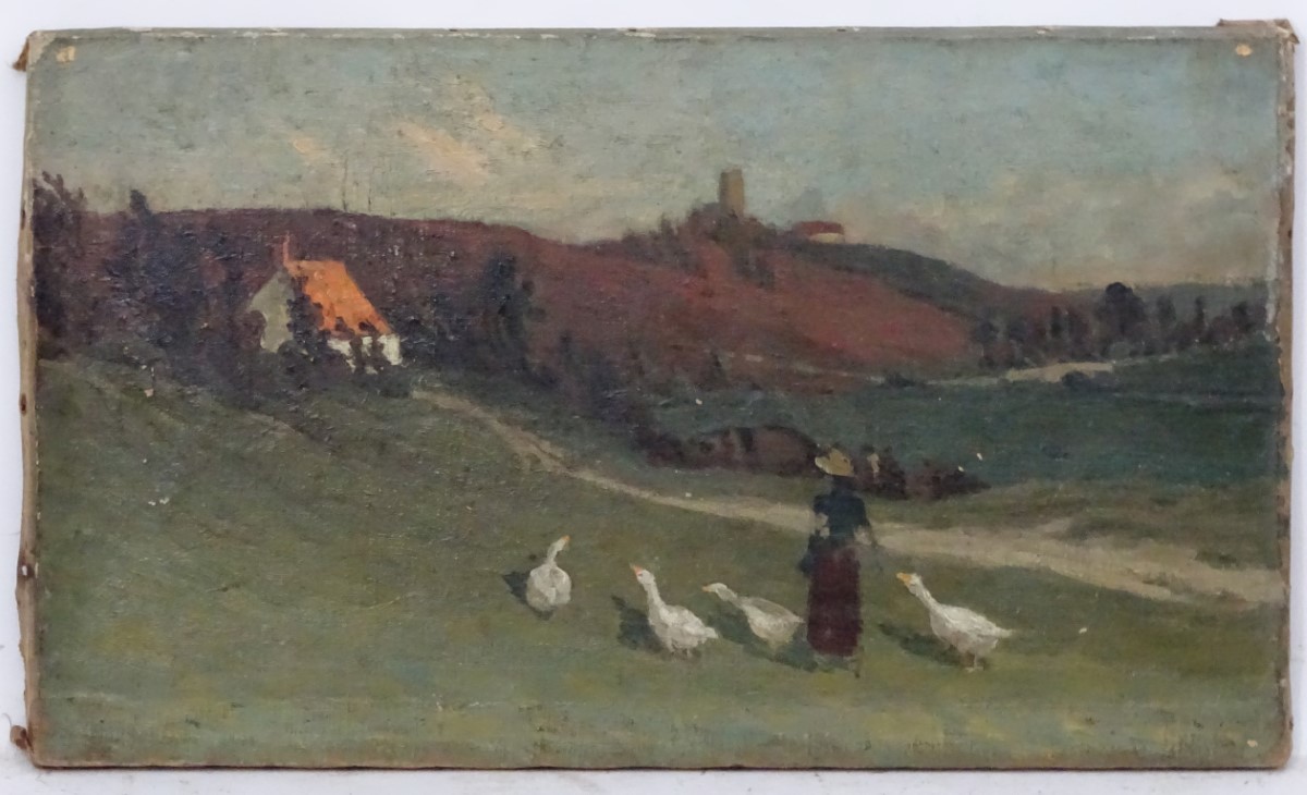 Attributed to Edwin Nichol, Oil on canvas, The Goose Girl, in a landscape. - Image 3 of 3