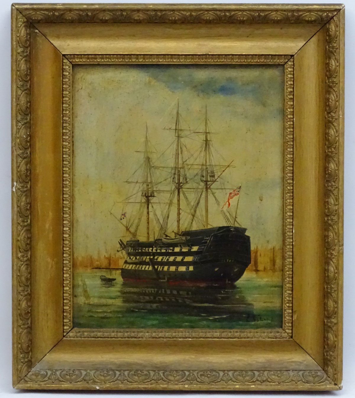 Indistinctly Signed c. 1900 Marine School, Oil on board, H.M.S.