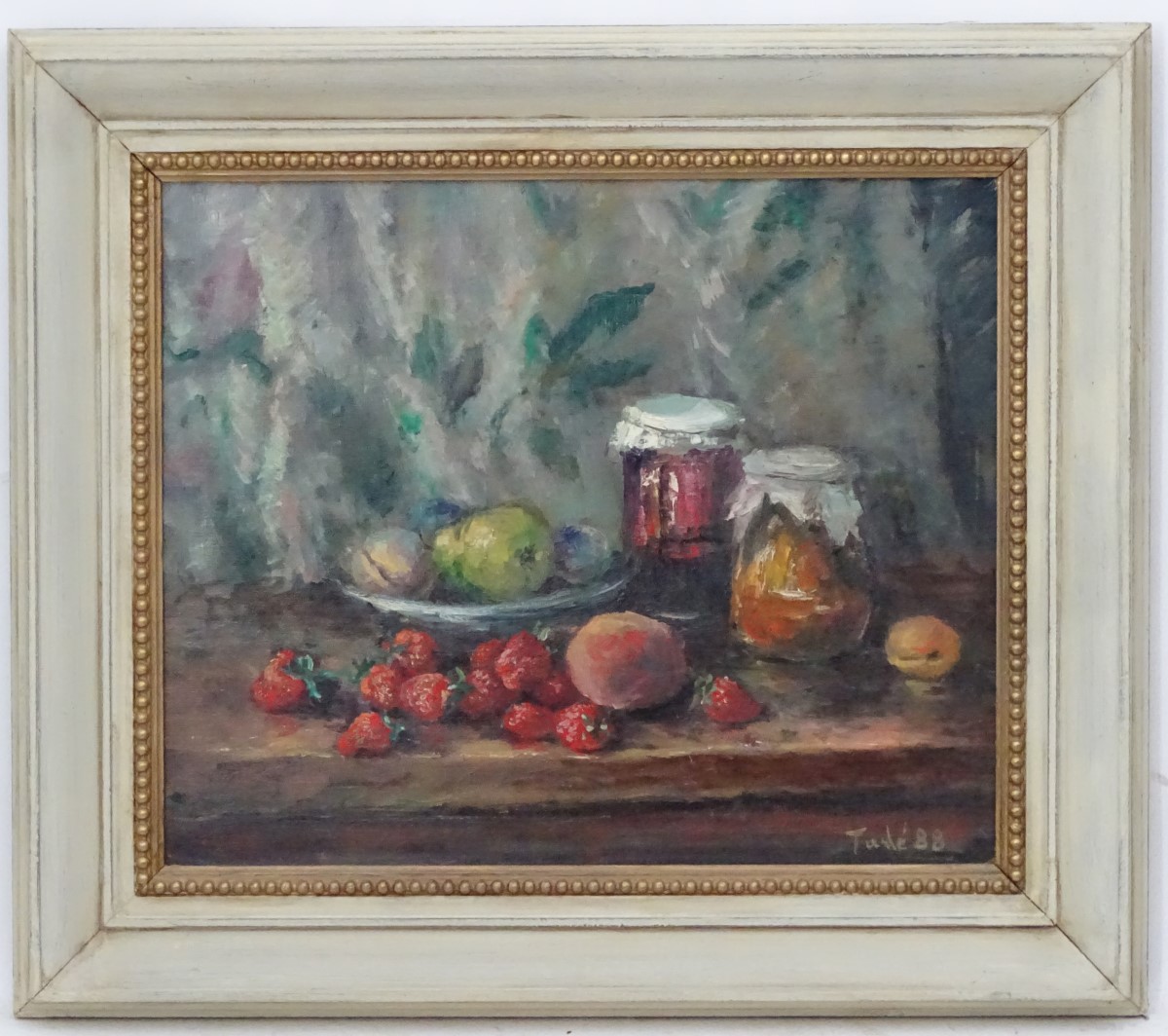 Tade Boronski, 1988, Oil on canvas, Still life, strawberries, potted jam etc. - Image 3 of 6