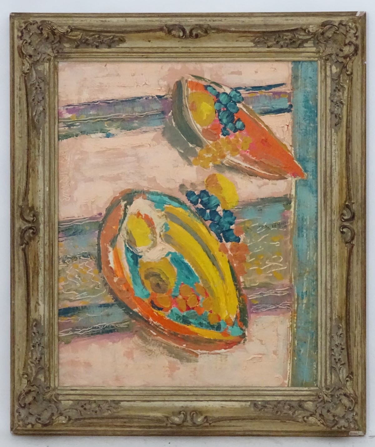 Mary Armour, XX, Abstract, Oil on board, Tropical fruit on a reclaimed wooden table,