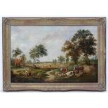 XIX, English School, Oil on canvas, English farm with figures, cattle, sheep,