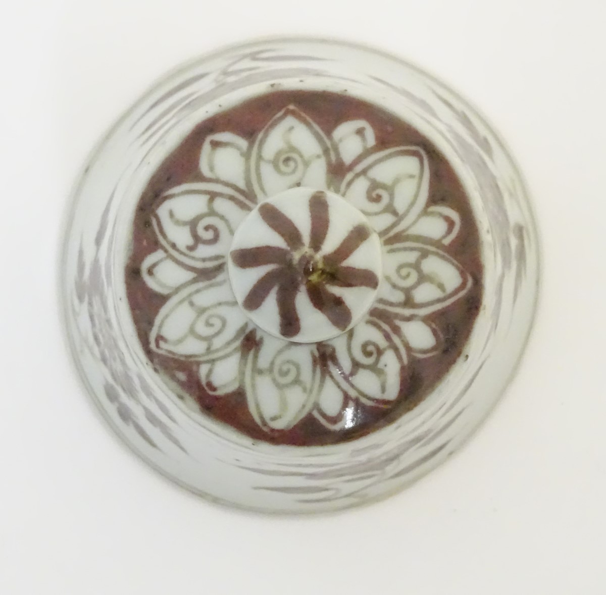 A Chinese brown and white bell-shaped cover with floral decoration. 4" high. - Image 5 of 6