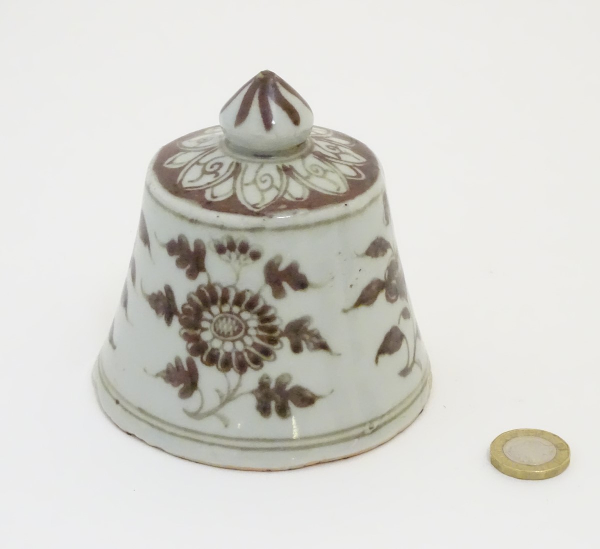 A Chinese brown and white bell-shaped cover with floral decoration. 4" high. - Image 2 of 6