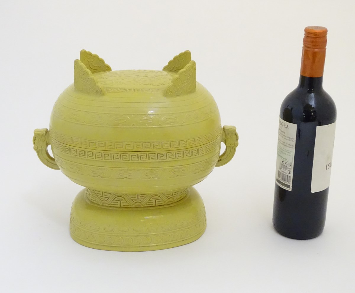 A Chinese yellow ground lidded pot raised on a foot, - Image 6 of 9