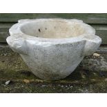 Marble Crucible / Mortar: An ornamental garden mortar. Approx. 12" diameter x 7 1/2" high.