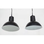 Vintage Retro: a Danish Pair of ES Horn hanging pendant lamps / lights in black livery,