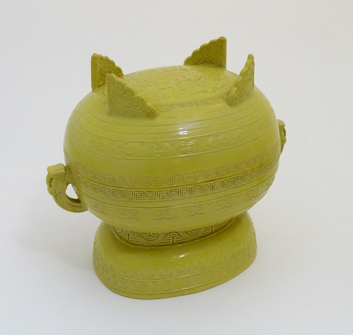 A Chinese yellow ground lidded pot raised on a foot, - Image 3 of 9