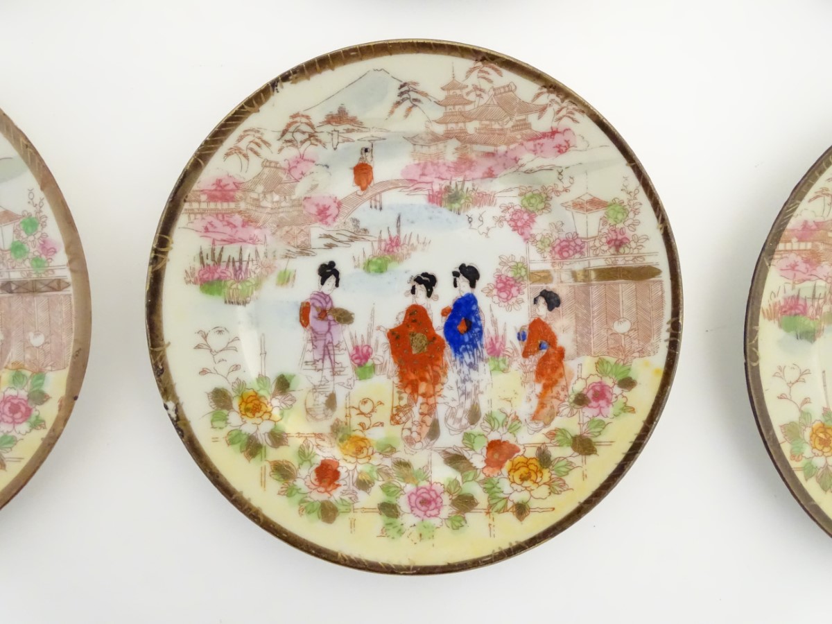 Six Japanese plates depicting figures in traditional dress in an Oriental landscape depicting Mount - Image 3 of 8