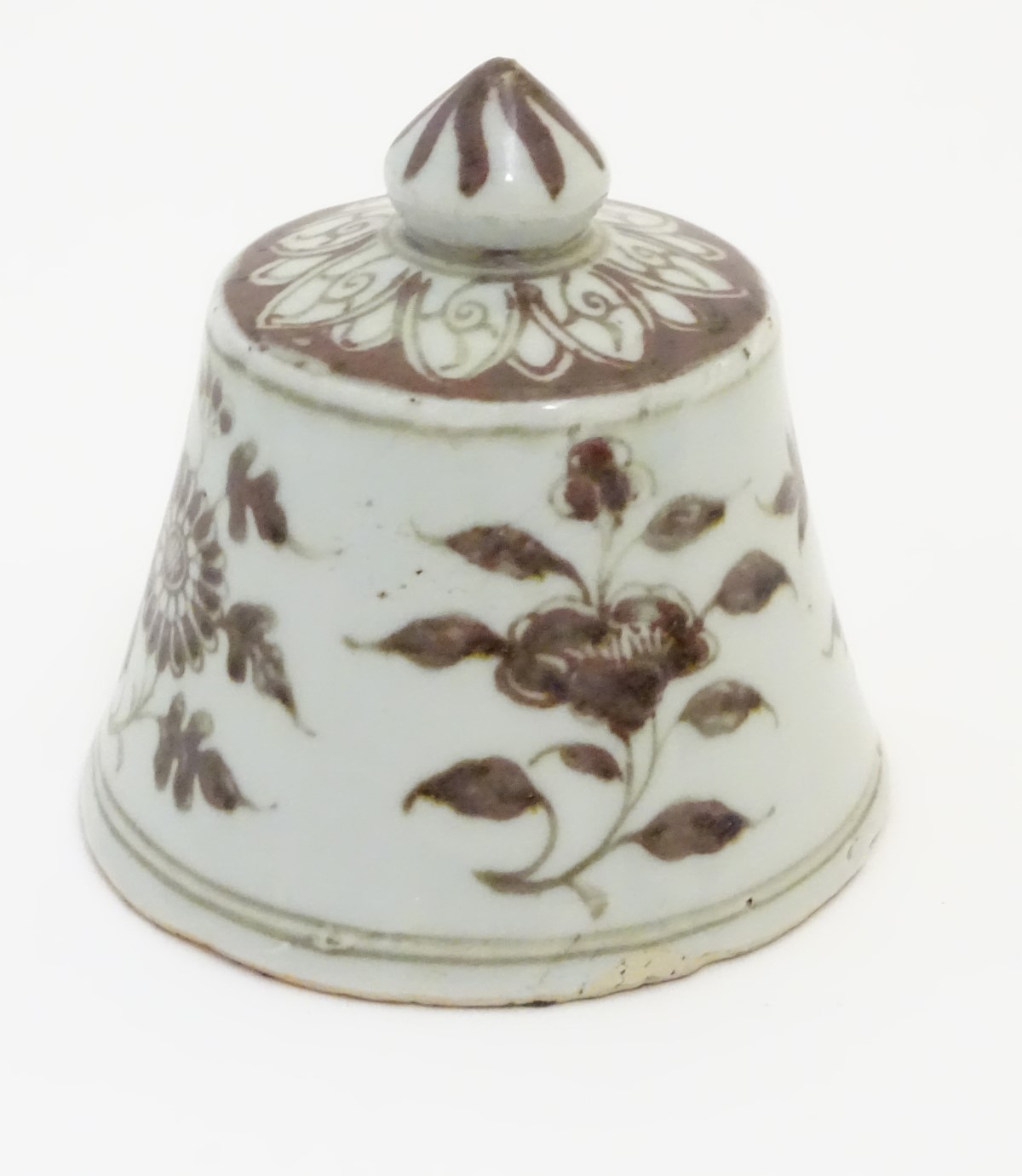 A Chinese brown and white bell-shaped cover with floral decoration. 4" high. - Image 4 of 6