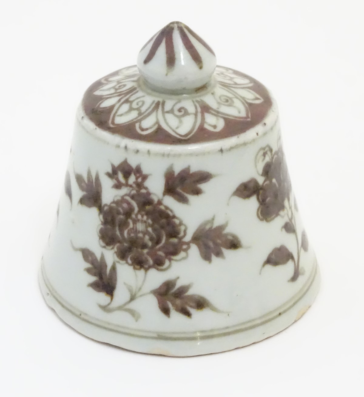 A Chinese brown and white bell-shaped cover with floral decoration. 4" high. - Image 3 of 6