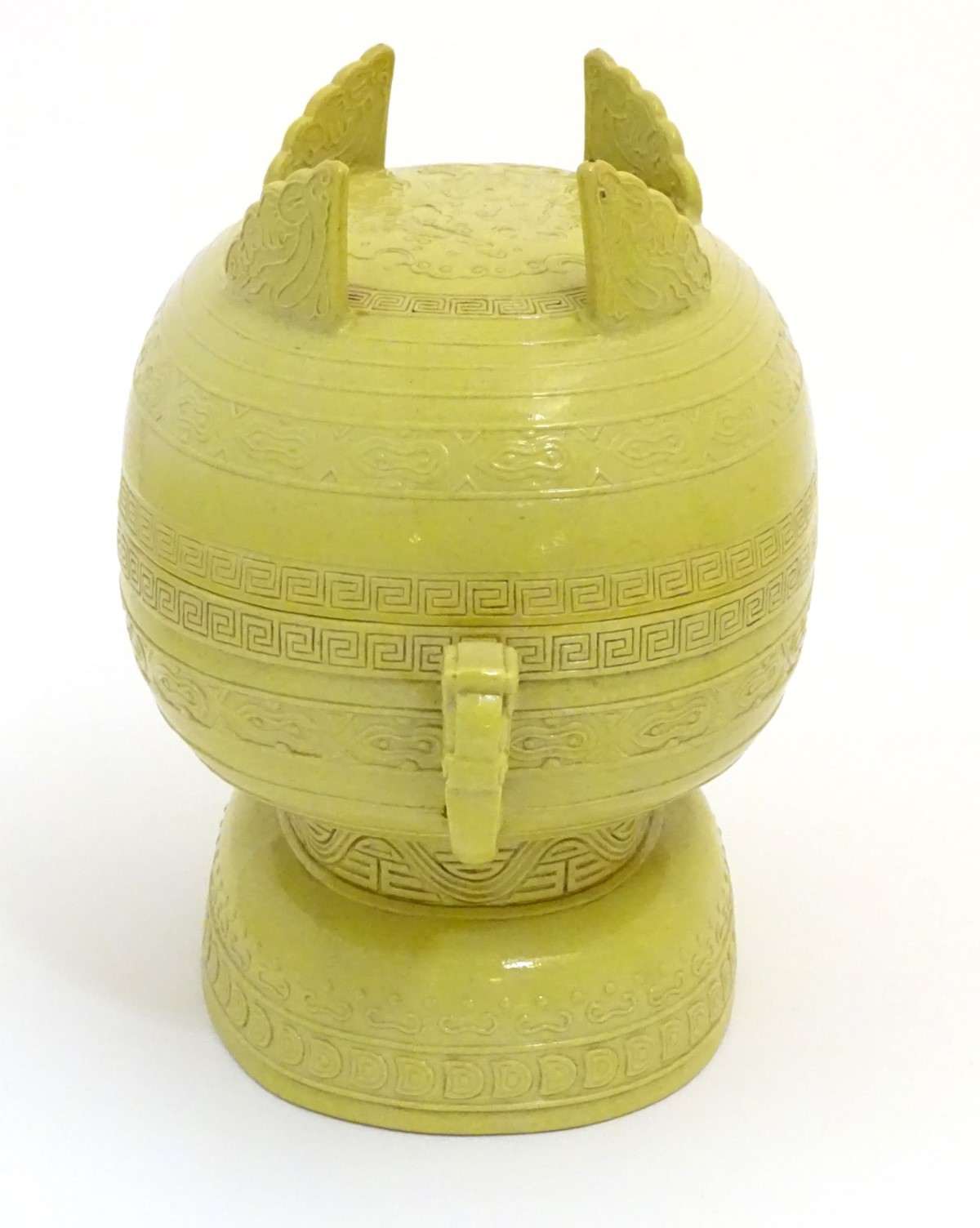 A Chinese yellow ground lidded pot raised on a foot, - Image 4 of 9