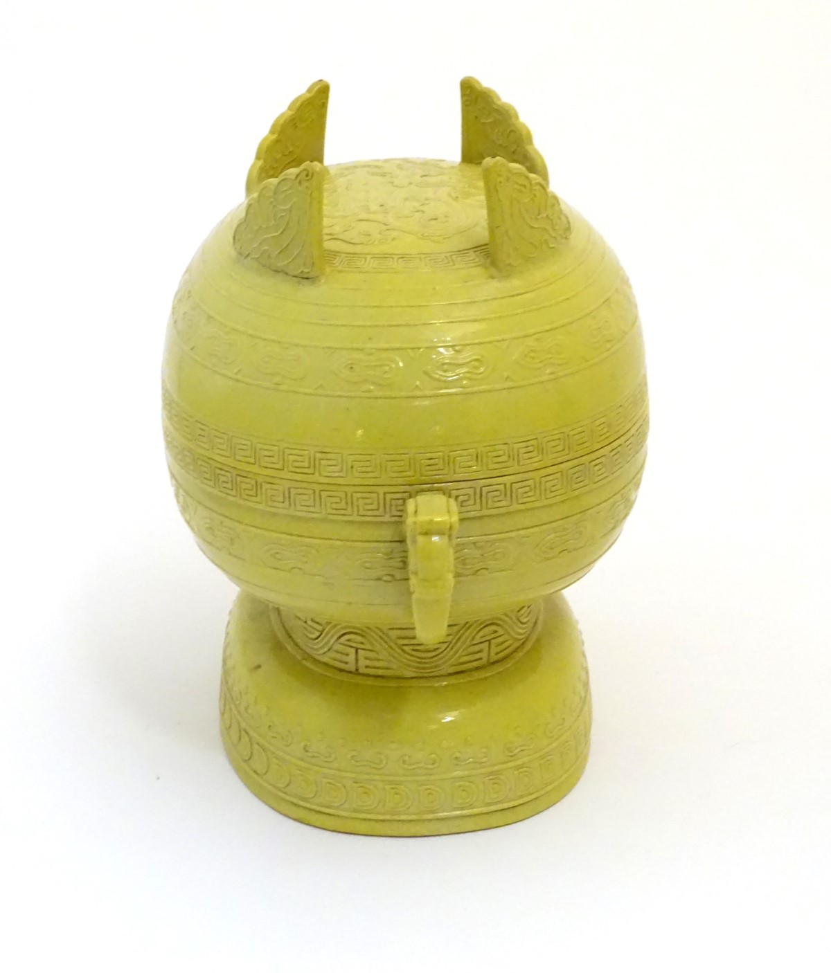 A Chinese yellow ground lidded pot raised on a foot, - Image 5 of 9