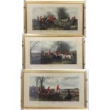 J Harris, after J F Herring Snr, Hunting, A set of 3 Hand coloured engravings,