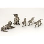 Three silver plate model of hound dogs approx 1 1/2" high together with models of a dog and cat.
