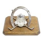 Equestrian Interest : A desk stand / standish with silver plate horseshoe formed pen rest with cut