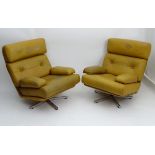 Vintage Retro / Mid Century Modern: a pair of tan leather swivel lounge armchairs,