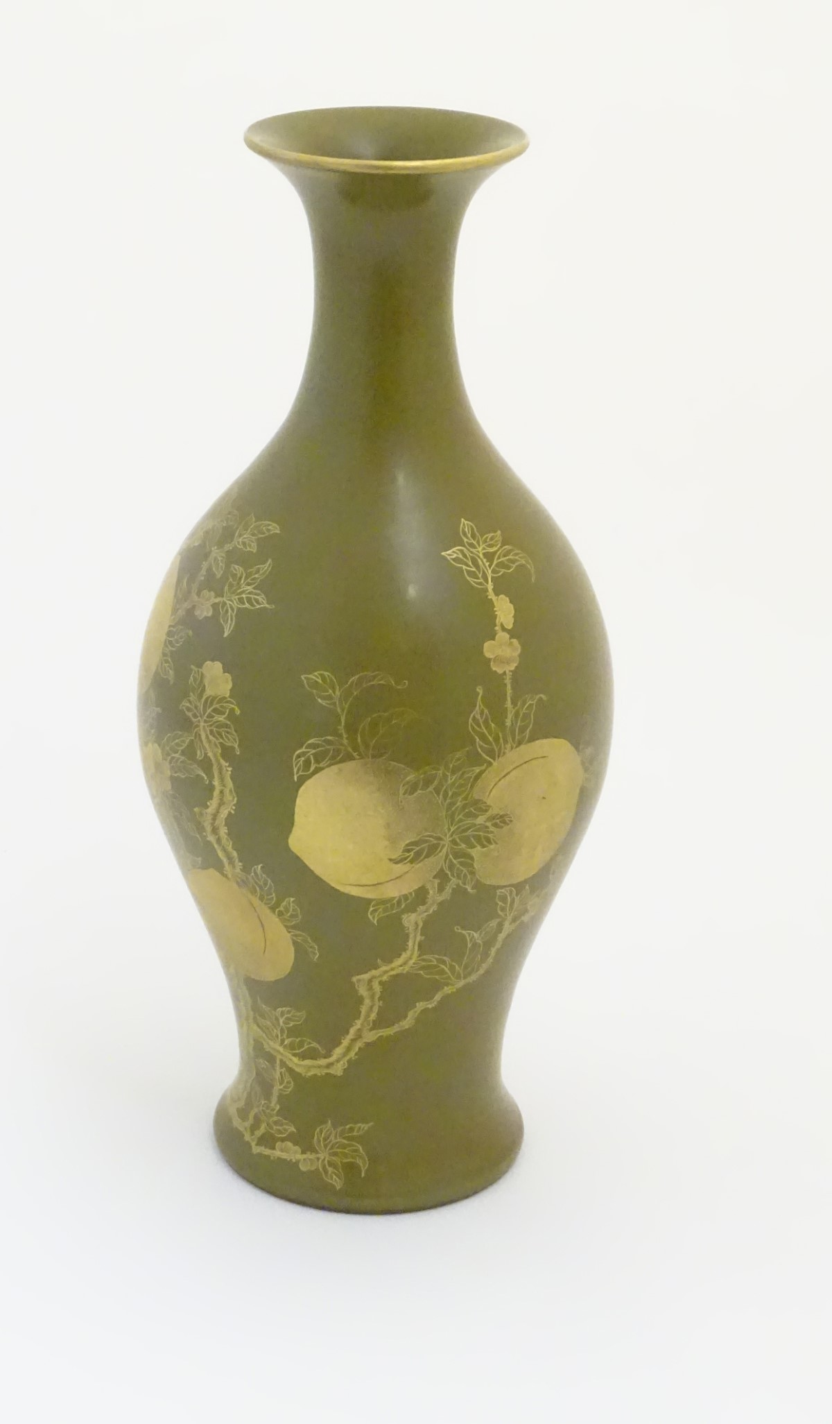 A Chinese tea dust glaze vase with gilt fruit, bat and branch decoration. Character marks under. - Image 4 of 7