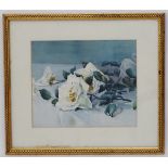 C. E. Wessen, XX, Watercolour, White roses on a silk table cloth, Ascribed verso.