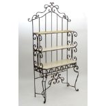 French Bread Stand: an iron etagere-like stand having 3 marble lined shelves, 39” wide x 83” high.