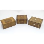 Three assorted walnut and marquetry banded boxes,