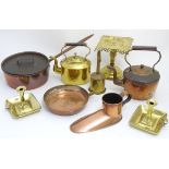 Assorted brass and copper items, to include a copper kettle, brass kettle, brass pedestal footman,