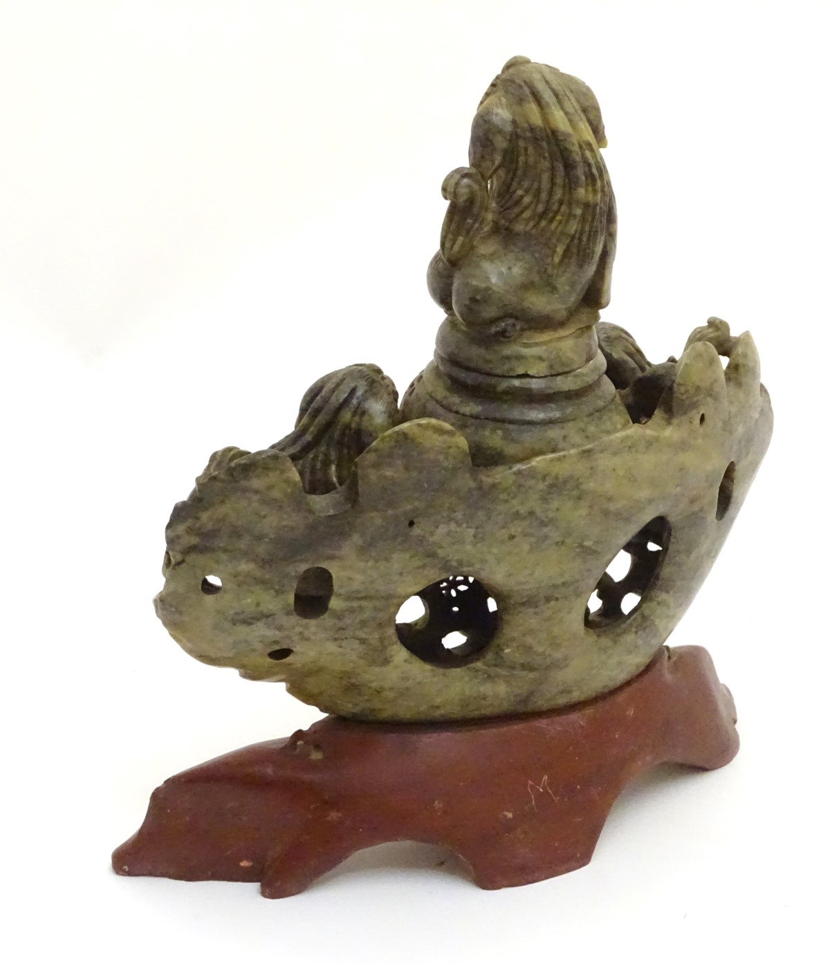 A 19thC Asian carved soapstone reticulated lidded bowl, flanked by foo dogs, - Image 5 of 6