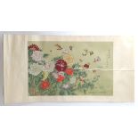 A Chinese scroll with painted decoration of peonies, butterflies and Chinese script. Approx.