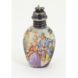 A pendant formed miniature scent bottle with hand painted classical scene decoration 1 3/4" long