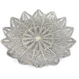 A white metal dish with filigree decoration.