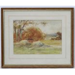 I G Sykes, mid XX, Watercolour, Country landscape with figures building a hay rick,