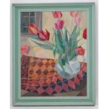 Anne Bloy, mid XX, Oil on board, 'Tulips', a still life, Bears gallery invite pamphlet verso.
