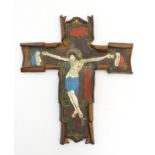 An early XX embossed leather polychrome decorated Corpus Christi, 12 1/2 x 11” wide.